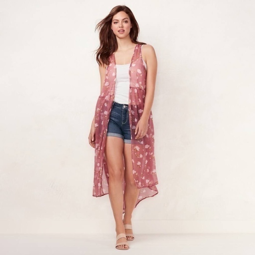 Lauren Conrad sheer kimono duster hi low pink with roses print